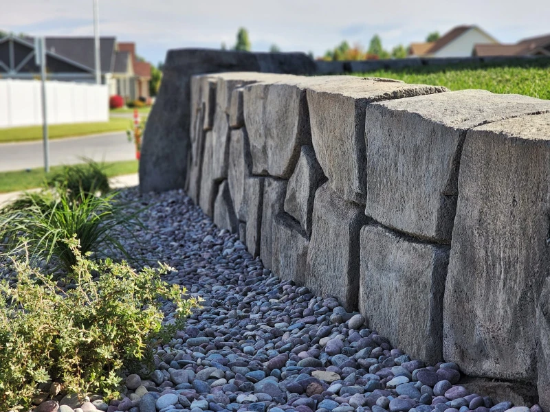 custom stone facing on a retaining wall.